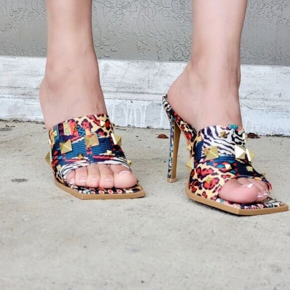 Women's Print Color Roman Stud Quilted Slide High Heel Sandals - Picture 2 of 4